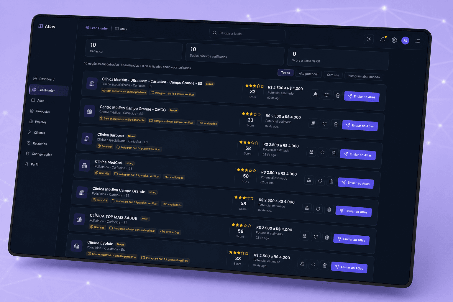Mockup do projeto LeadHunter